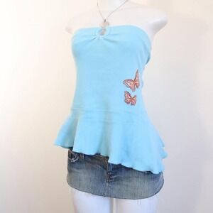 y2k blue butterfly tube top strapless peplum ring detail
